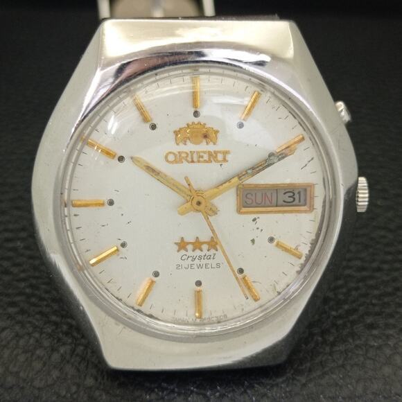 Vintage 1978 Orient Automatic Mens Silver Watch W/daydate & Gold accents - Picture 4 of 9